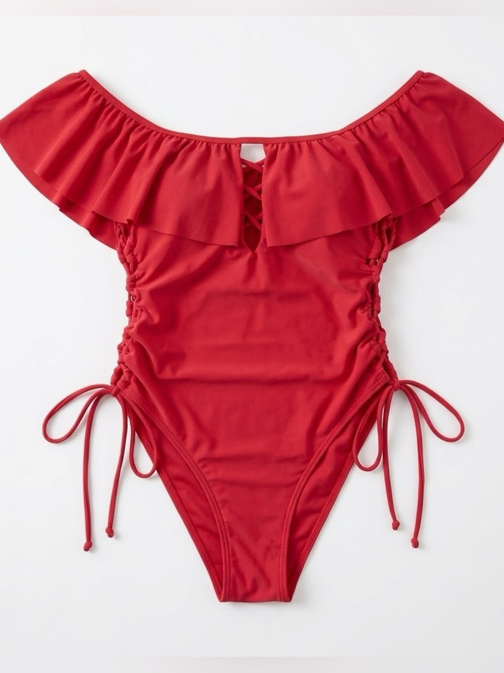 YMI Off-Shoulder Red Ruffle Lace-Up Details One-Piece Swimsuit medium